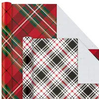 Hallmark Christmas Reversible Wrapping Paper (3 Rolls: 120 Sq. ft. ttl) Vintage Santa, Snowmen, Traditional Green, Red and White Plaids