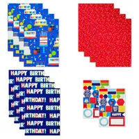 Flat Birthday Wrapping Paper Sheets with Cutlines on Reverse (12 Folded Sheets with Sticker Seals) Happy Birthday, Red Confetti, Blue with Cakes