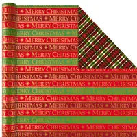 Hallmark Reversible Christmas Wrapping Paper (3 Rolls: 120 Sq. ft. ttl) Merry Holidays, Snowflakes, Snowmen, Red Stripes
