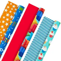 All Occasion Reversible Wrapping Paper Bundle - Kids Birthday (3 Rolls - 75 sq. ft. total) Balloons, Stars, Cupcakes, Blue Stripes, Solid Red