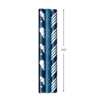 Navy Blue Christmas Wrapping Paper Set (90 sq. ft. ttl, 10 Bows, 4 Ribbon Colors, 40 Gift Tag Stickers) Snowman, Stripes, Snowflakes