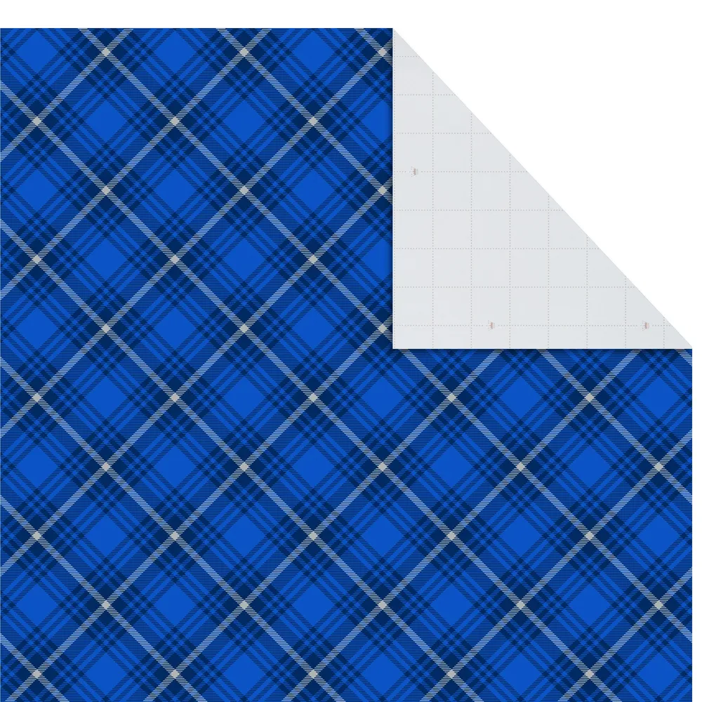 Flat Christmas Wrapping Paper Sheets with Cutlines on Reverse and Gift Tag Seals (12 Folded Sheets, 16 Gift Tag Stickers) Blue and Silver Snowflakes, Deer Forest Scene, Blue Tartan Plaid