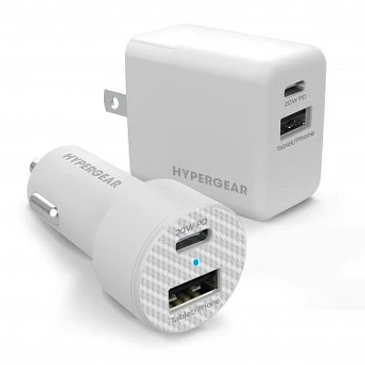 HyperGear 20W White Dual Port USB-A + USB-C CLA + Wall Charger Bundle Pack