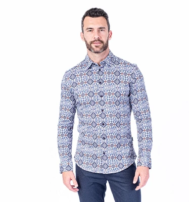 Cotton/Stretch Fancy Print Sport Shirt - Multi Colour