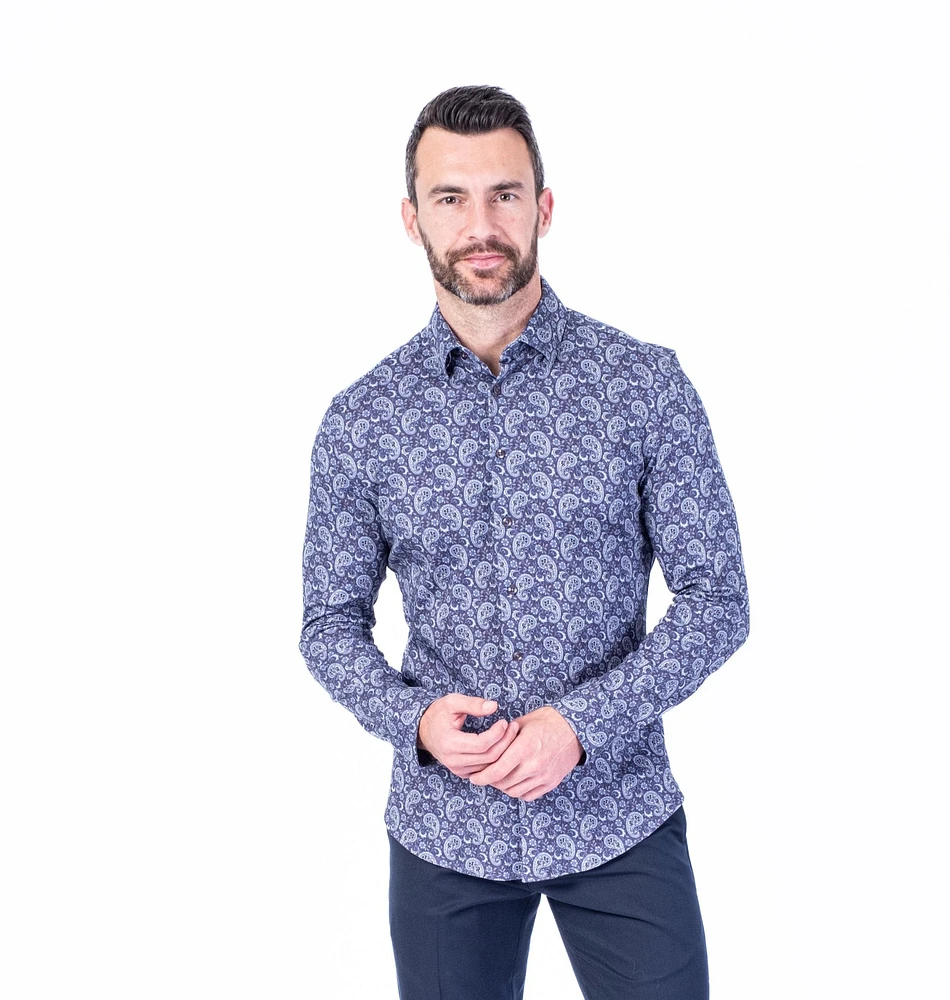 Cotton/Stretch Paisley Print Sport Shirt - Navy