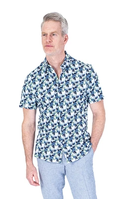 Short-Sleeve Cotton/Stretch Leaf Print Sport Shirt - Green / Blue