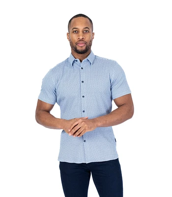 Short-Sleeve Cotton/Stretch Mini Floral Sport Shirt - Blue / White