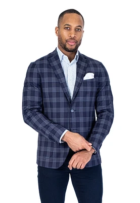Plaid 1/2 Lined Stretch Blazer - Navy