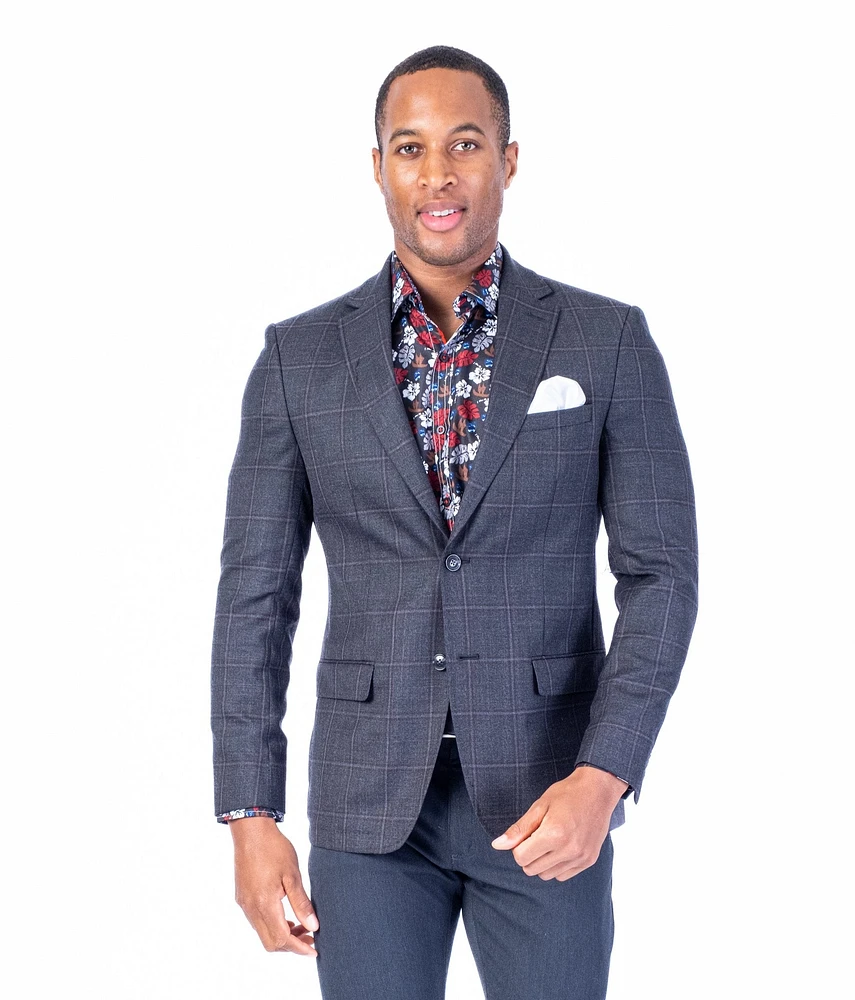 Wool/Stretch Window Pane Sport Jacket - Charcoal