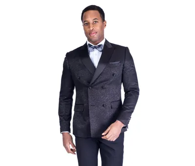Double-Breasted Floral Slim Fit Tuxedo Jacket with Solid Pant - Black