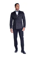Double-Breasted Floral Slim Fit Tuxedo Jacket with Solid Pant - Black