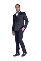 Double-Breasted Floral Slim Fit Tuxedo Jacket with Solid Pant - Black