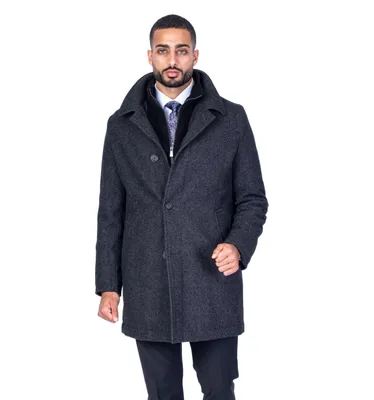 Textured Wool Double Collar Car Coat - Charcoal