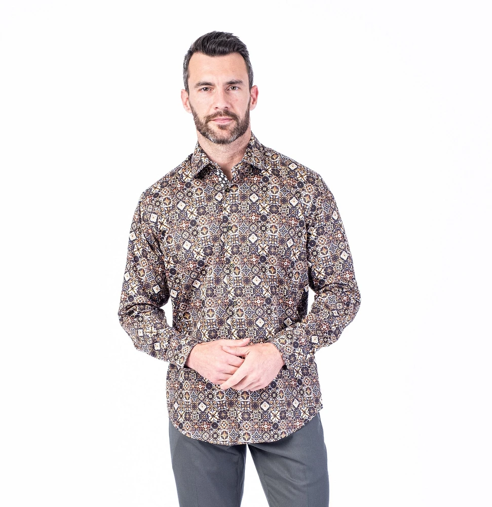 Modern Floral Print "Barker" Sport Shirt - Gold / Black