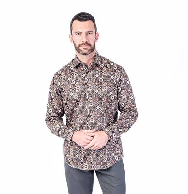 Modern Floral Print "Barker" Sport Shirt - Gold / Black