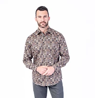 Modern Floral Print "Barker" Sport Shirt - Gold / Black