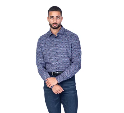 Micro Stretch Circle Print Sport Shirt - Navy/Tan