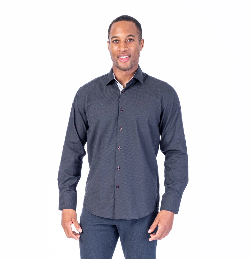 Modern Fit Tonal Textured "Bottega" Sport Shirt - Black