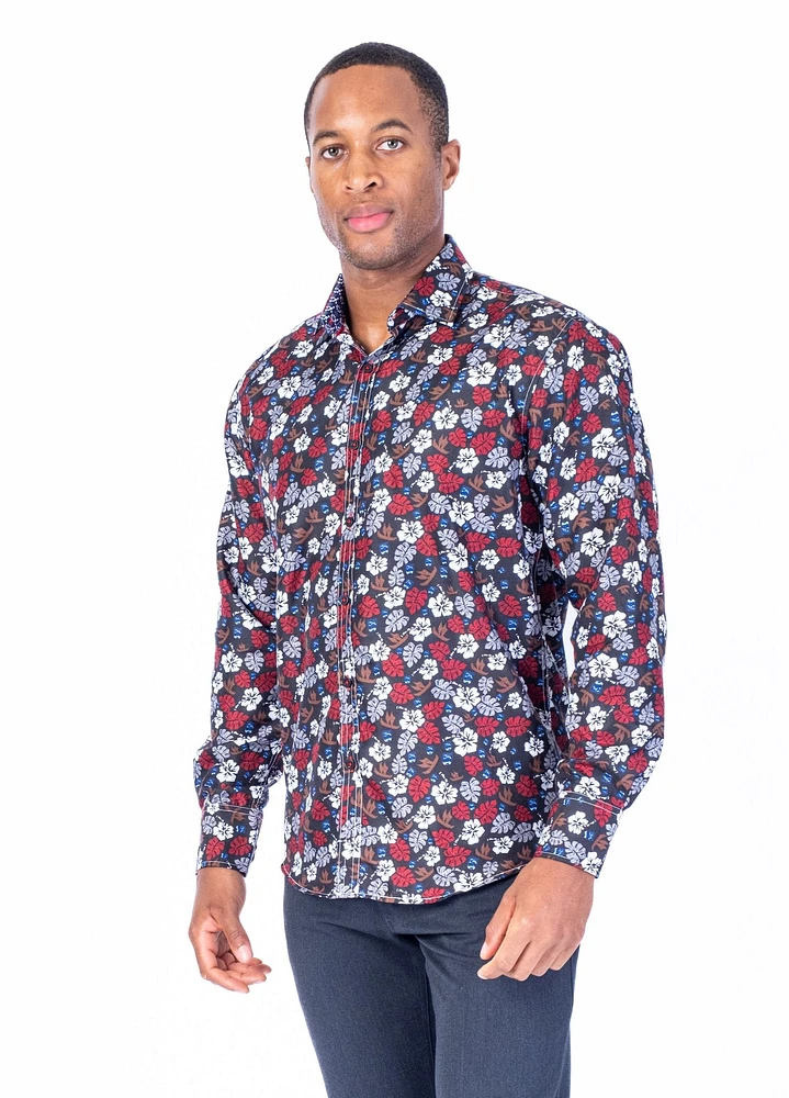 Modern Fit Floral Print "Giza" Sport Shirt - Black / Burgundy