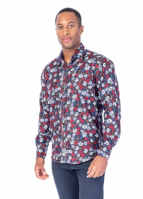 Modern Fit Floral Print "Giza" Sport Shirt - Black / Burgundy