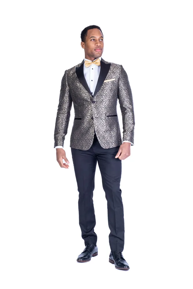 Gold Tonal Floral Tuxedo Blazer with Black Pant