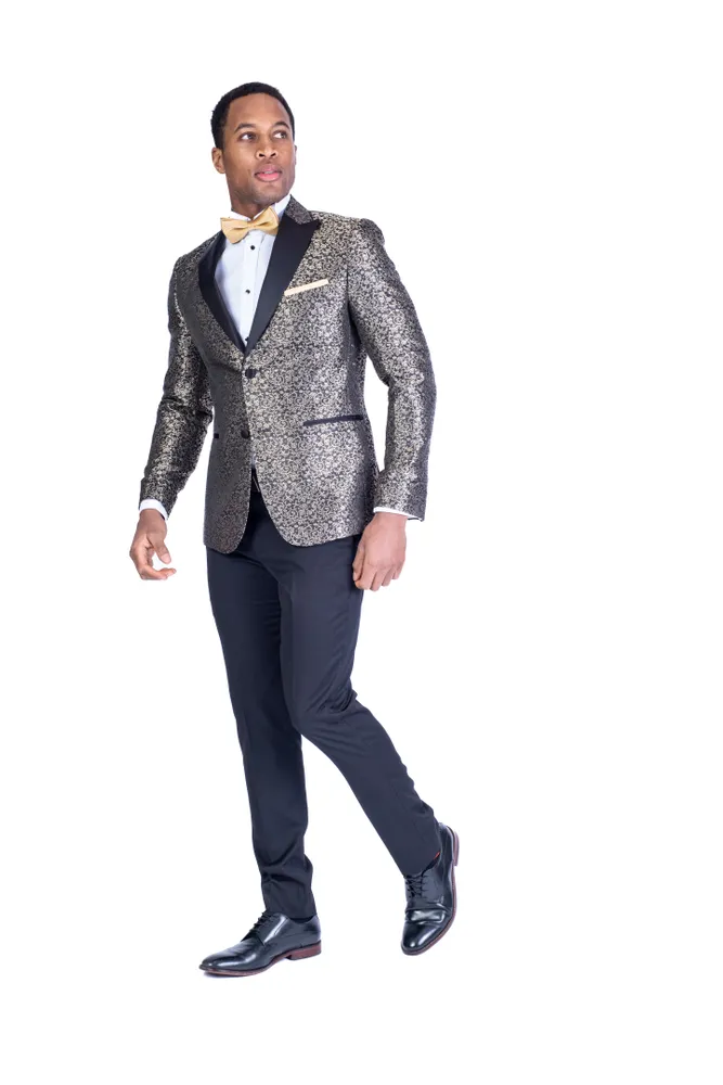 Gold Tonal Floral Tuxedo Blazer with Black Pant