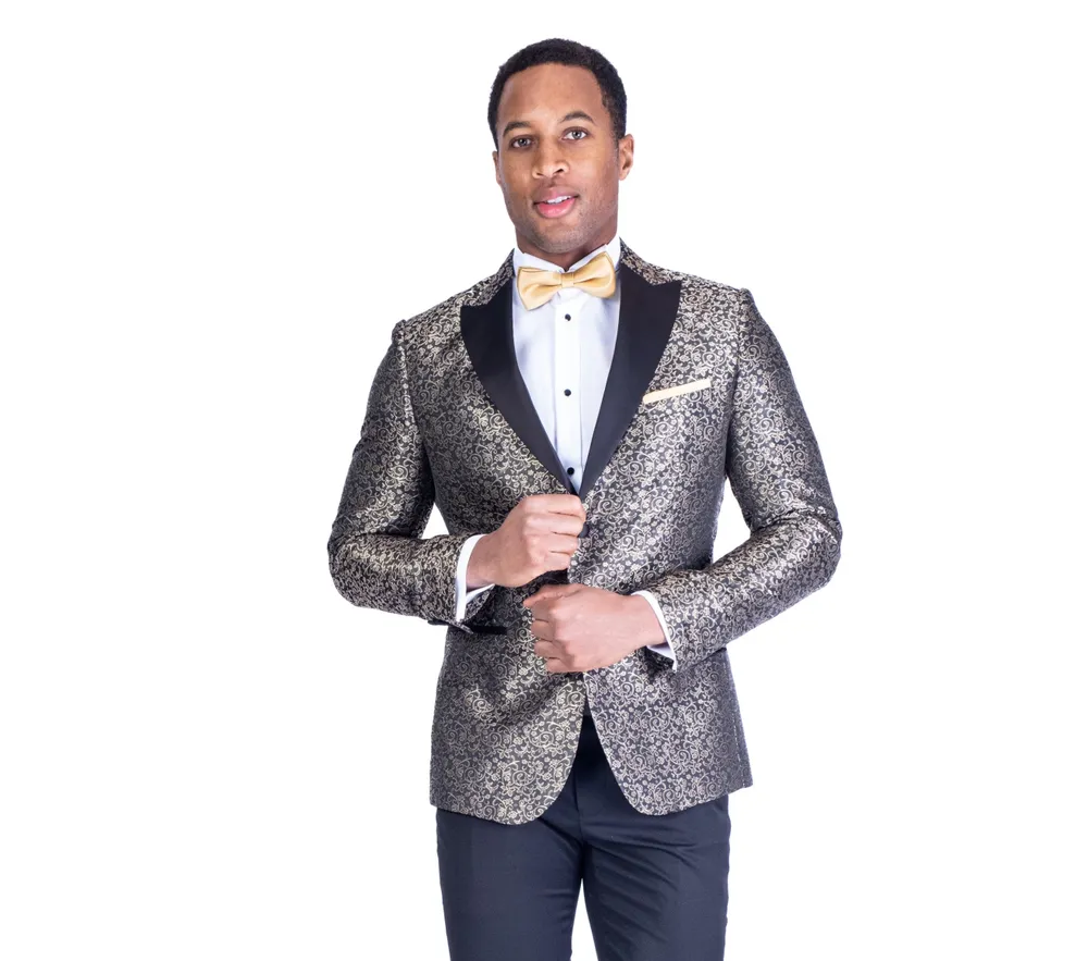 Gold Tonal Floral Tuxedo Blazer with Black Pant