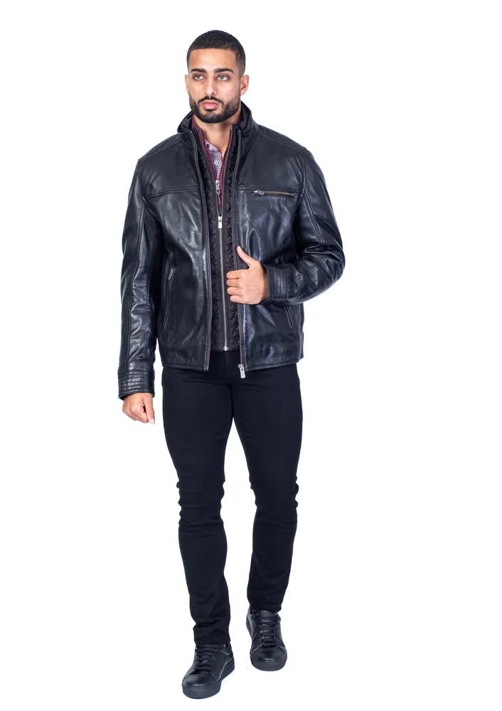 Double-Collar Lambskin Bomber - Black