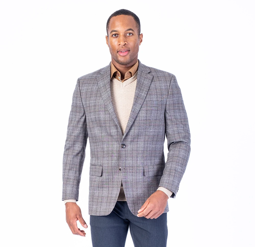 Poly/Stretch Plaid Sport Jacket - Beige / Grey