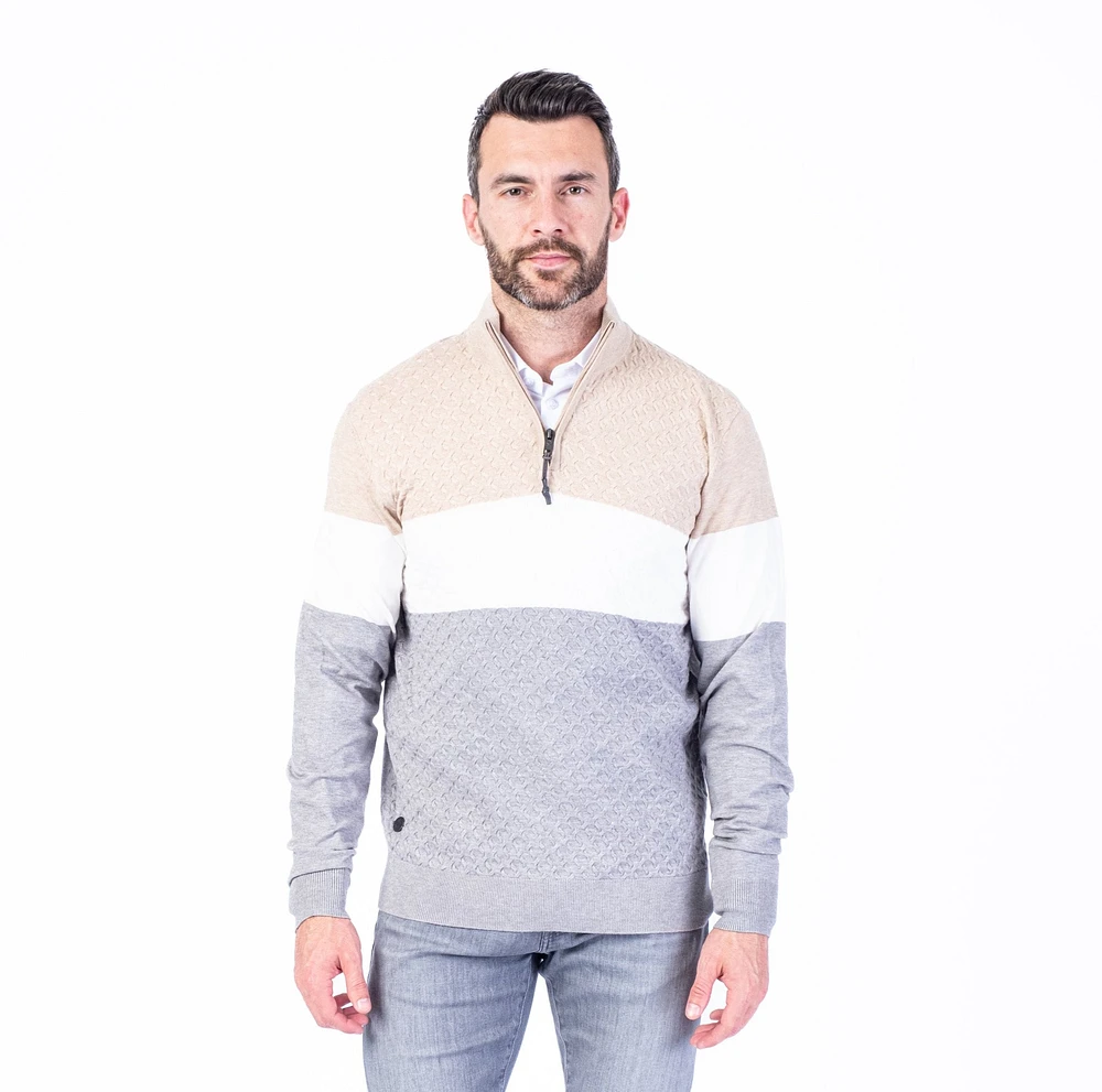 Cable Knit Bold Stripe Zip Neck Sweater - Beige