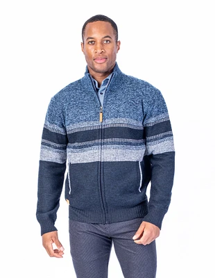 Textured Knit Bold Stripe Full Zip Sweater - Navy / Black