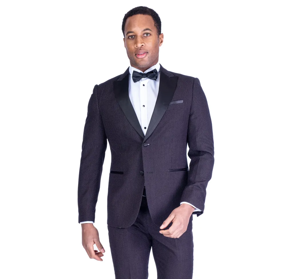 Pin Dot Slim Fit Peak Lapel Tuxedo Jacket with Solid Pant - Black