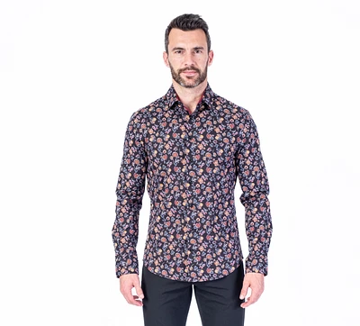 Cotton/Stretch Floral Print Sport Shirt - Black/Burgundy