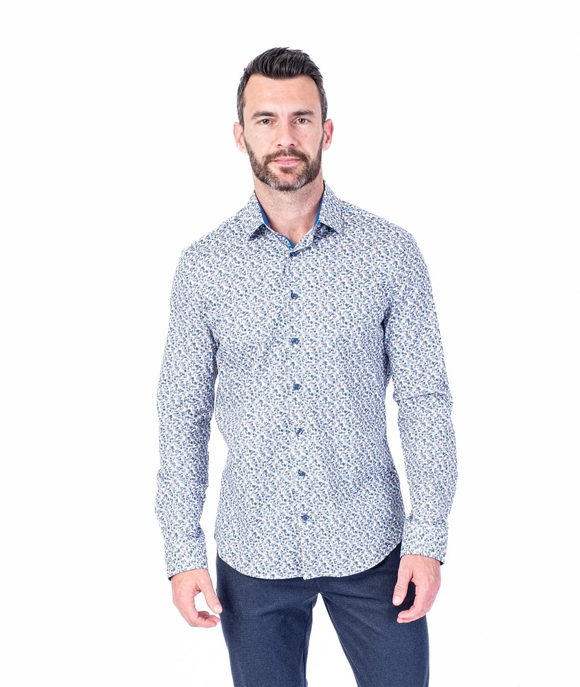 Cotton/Stretch Floral Print Sport Shirt - Blue / Brown