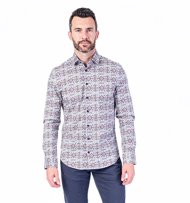 Cotton/Stretch Bold Print Sport Shirt - Burgundy/White