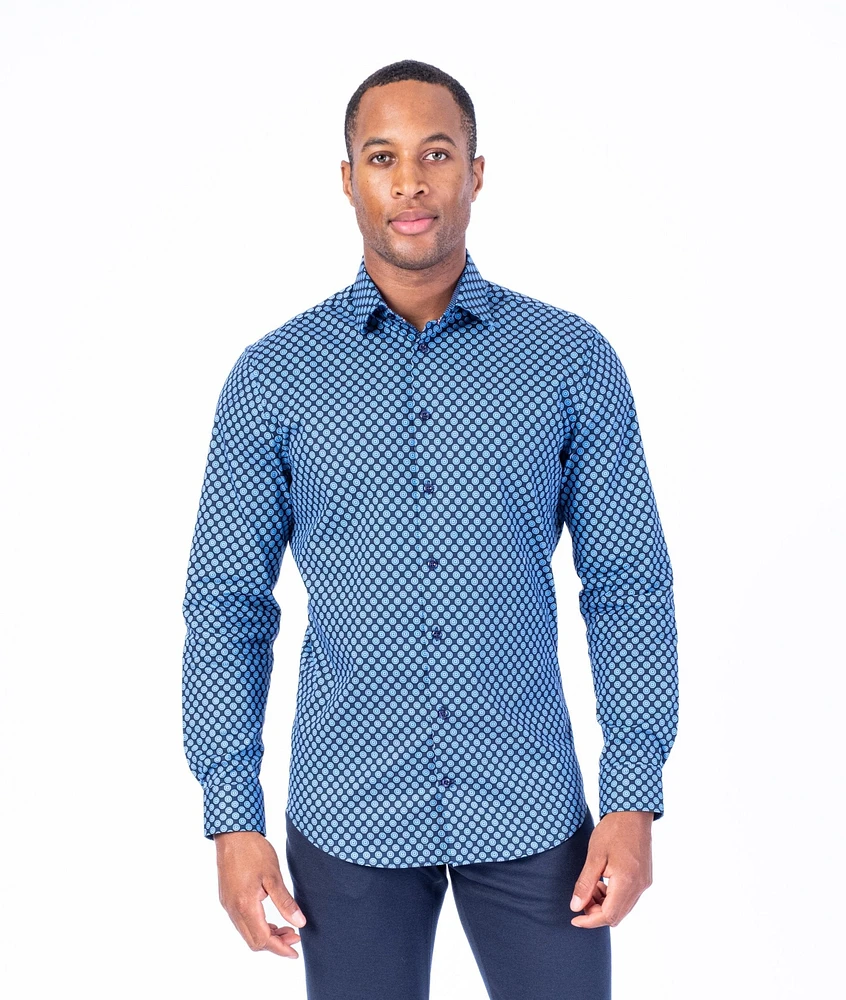 Cotton/Stretch Circle Print Sport Shirt - Navy / Blue