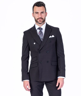 Double-Breasted Extreme Slim Fit Tonal Check Suit - Black