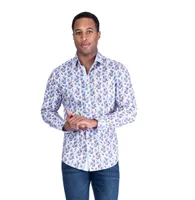 Cotton Stretch Leaf Print Sport Shirt - Blue / Brown