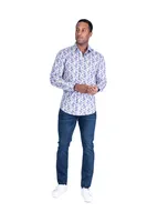 Cotton Stretch Leaf Print Sport Shirt - Blue / Brown