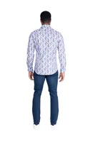 Cotton Stretch Leaf Print Sport Shirt - Blue / Brown