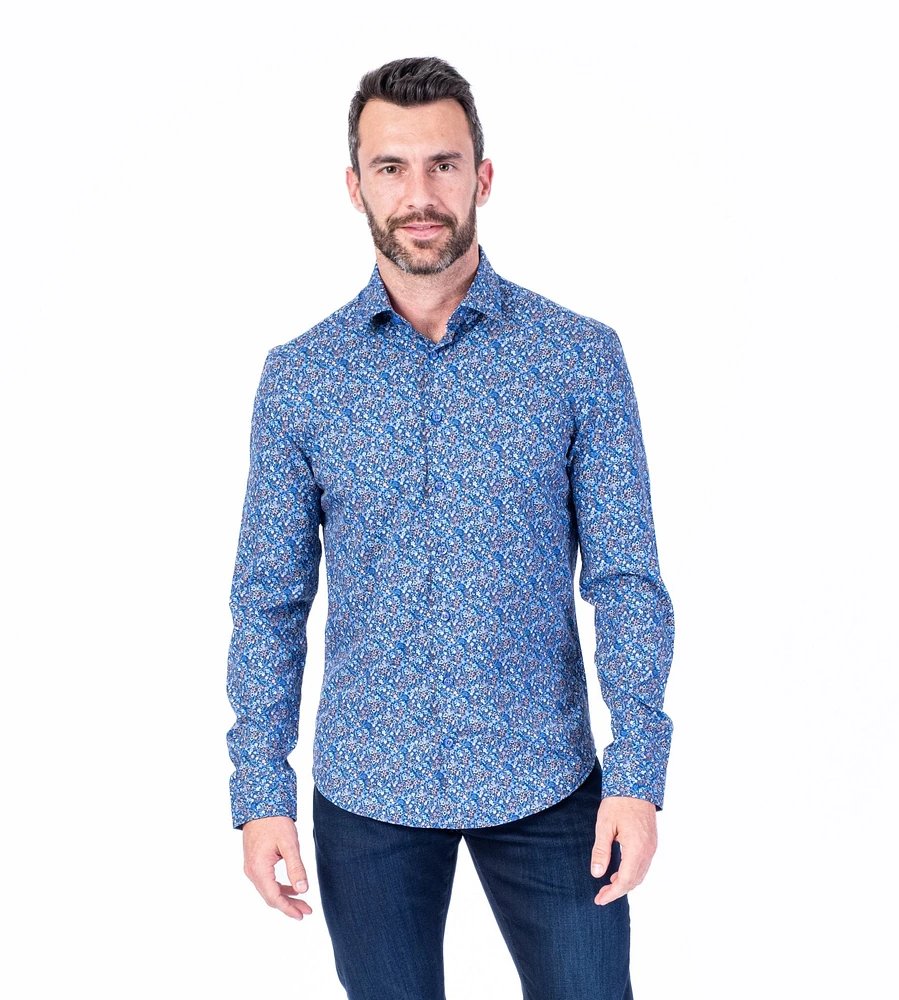 Micro/Stretch Mini Floral Print Sport Shirt - Blue / Multi