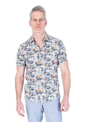 Line/Stretch Leaf Print Short-Sleeve Sport Shirt - Blue / Tan