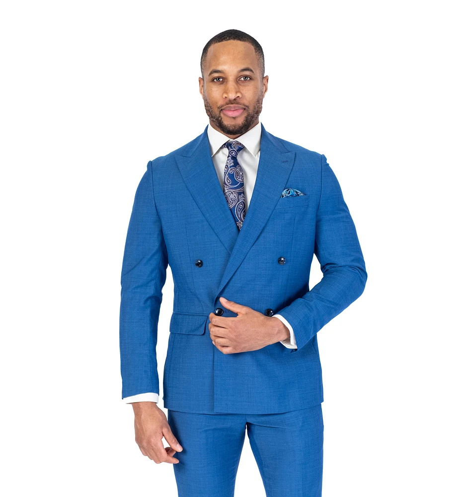 X-Fit Solid Stretch Double-Breasted Suit - Blue