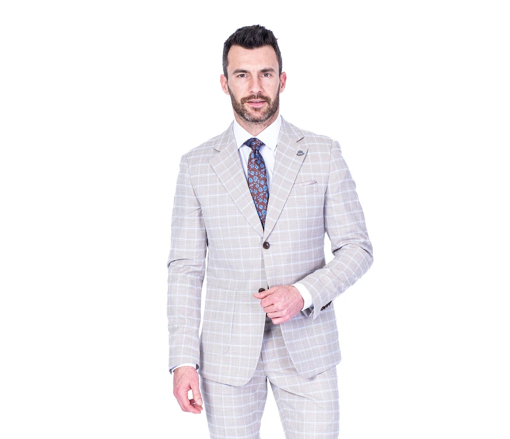 Modern Slim Check Suit - Tan / Blue