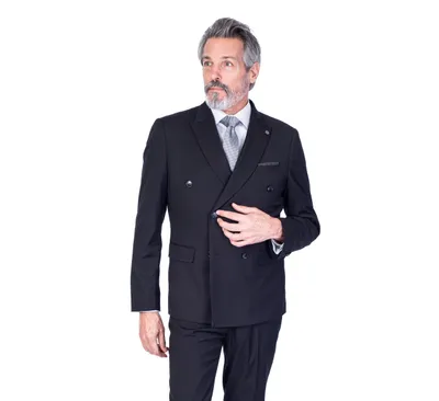 Double-Breasted Modern Slim Solid Suit - Black