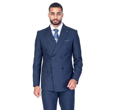 Double-Breasted Modern Slim Fit Tonal Check Suit - Blue