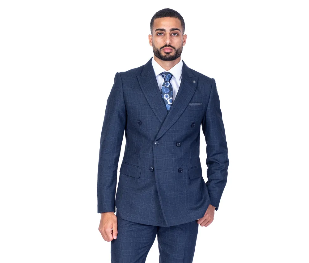 Double-Breasted Modern Slim Fit Tonal Check Suit - Blue