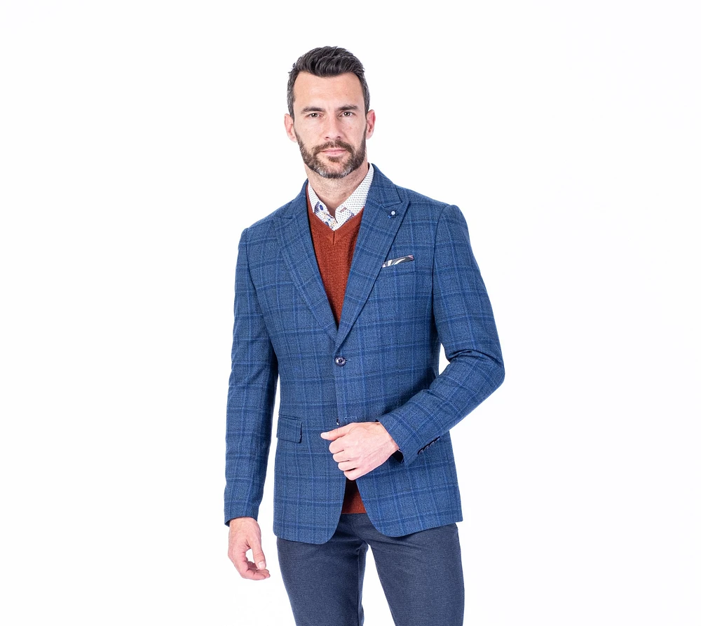 Plaid Peak Lapel Blazer - Navy