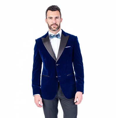 Solid Velvet Peak Lapel Blazer - Royal Blue