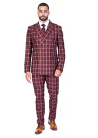 Double-Breasted Modern Slim Fit Check Suit - Burgundy